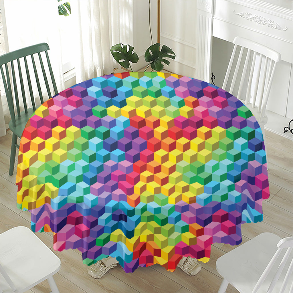 Rainbow Cubes Pattern Print Waterproof Round Tablecloth