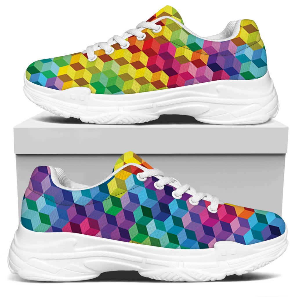 Rainbow Cubes Pattern Print White Chunky Shoes