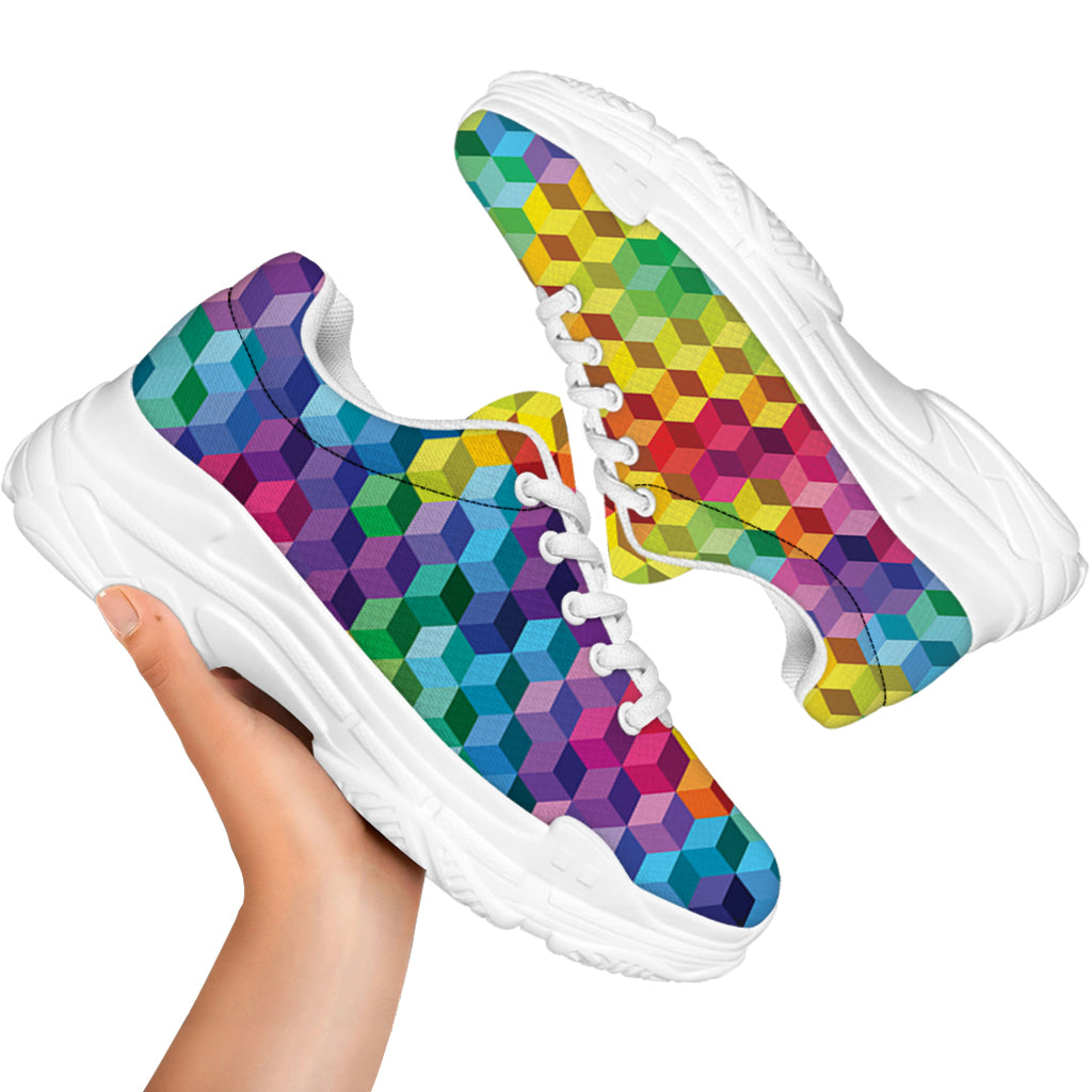 Rainbow Cubes Pattern Print White Chunky Shoes