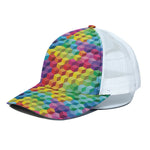 Rainbow Cubes Pattern Print White Mesh Trucker Cap