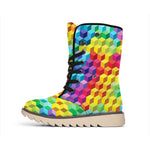 Rainbow Cubes Pattern Print Winter Boots