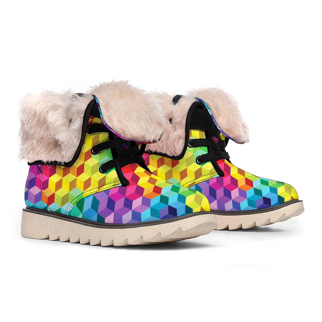 Rainbow Cubes Pattern Print Winter Boots
