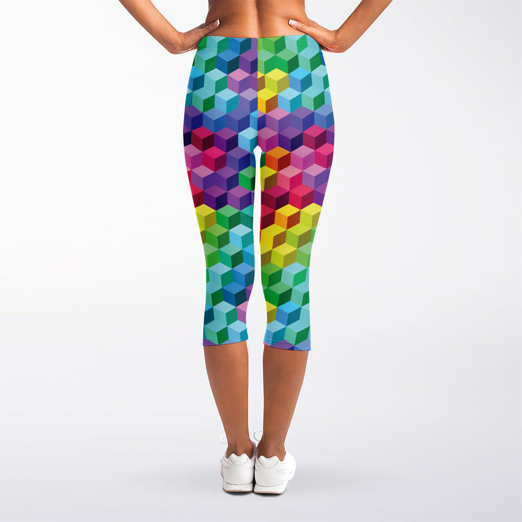 Rainbow Cubes Pattern Print Women's Capri Leggings