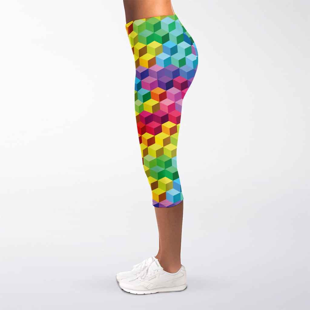 Rainbow Cubes Pattern Print Women's Capri Leggings