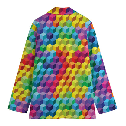 Rainbow Cubes Pattern Print Women's Cotton Blazer