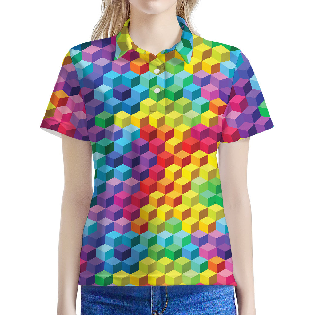 Rainbow Cubes Pattern Print Women's Polo Shirt