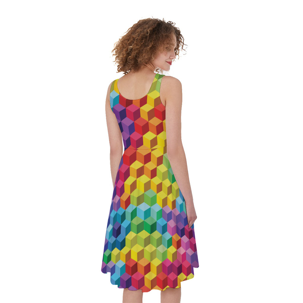 Rainbow Cubes Pattern Print Women's Sleeveless Dress