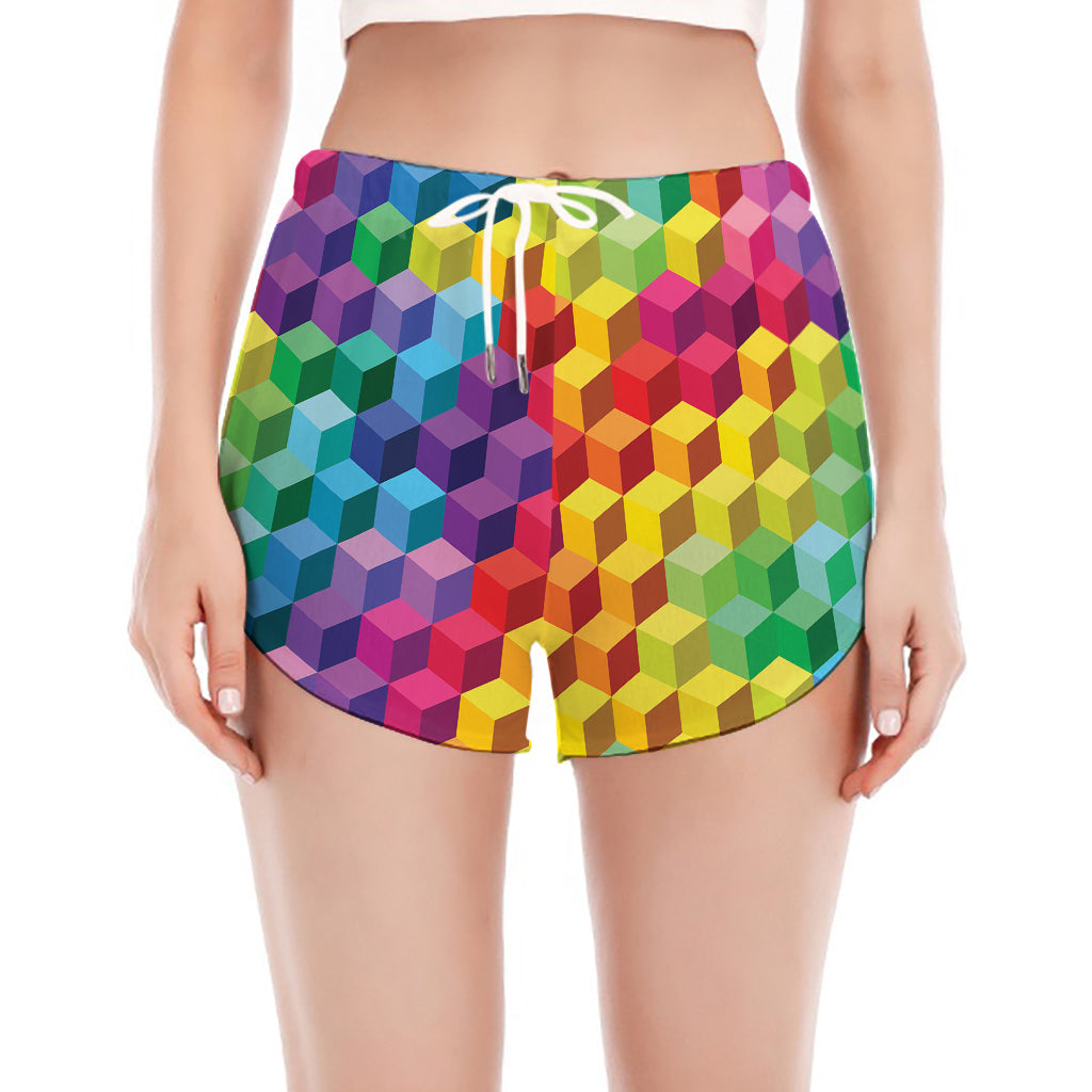 Rainbow Cubes Pattern Print Women's Split Running Shorts