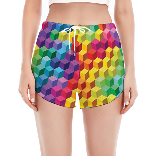 Rainbow Cubes Pattern Print Women's Split Running Shorts