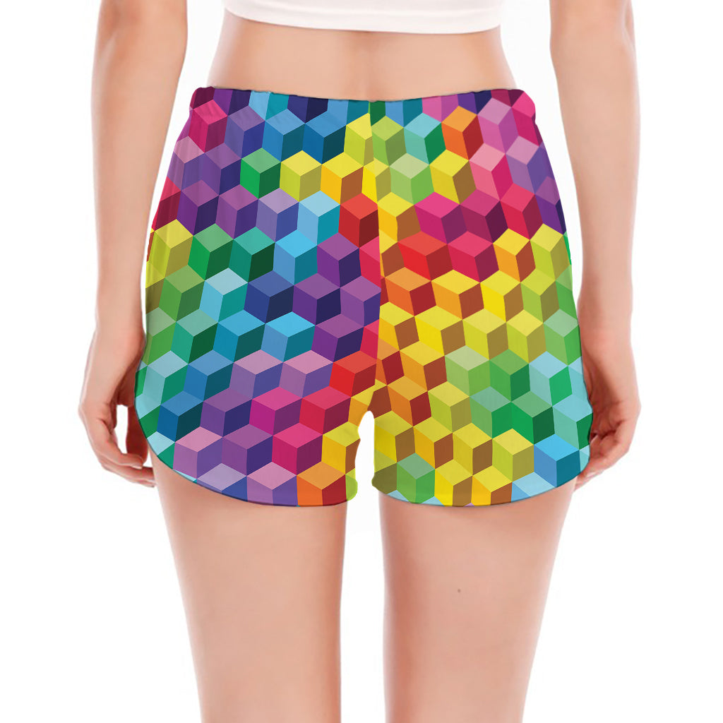 Rainbow Cubes Pattern Print Women's Split Running Shorts