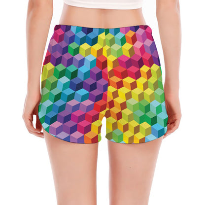 Rainbow Cubes Pattern Print Women's Split Running Shorts
