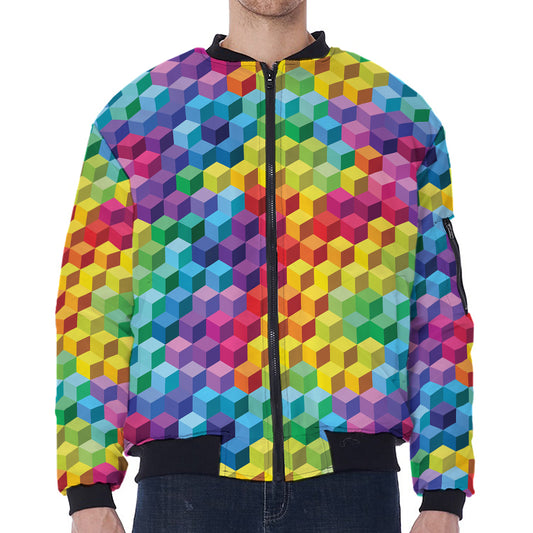 Rainbow Cubes Pattern Print Zip Sleeve Bomber Jacket