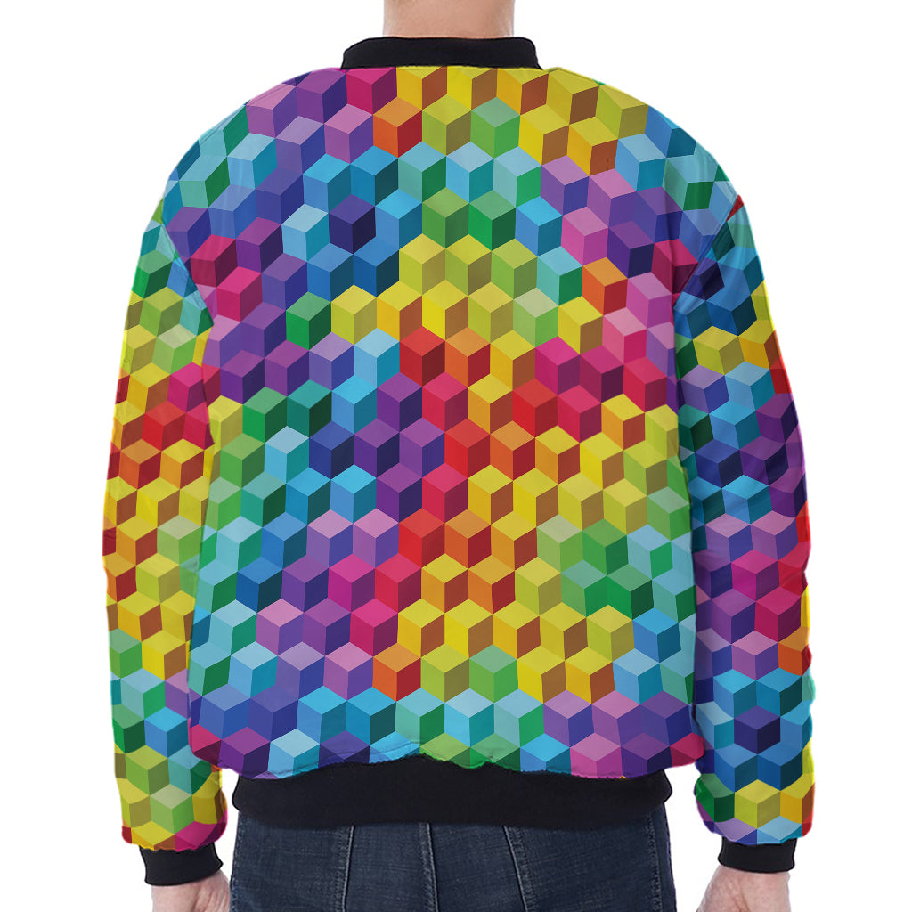 Rainbow Cubes Pattern Print Zip Sleeve Bomber Jacket