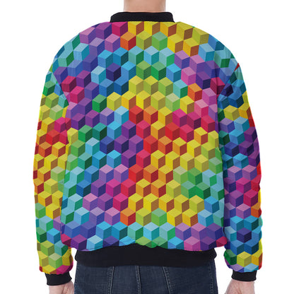 Rainbow Cubes Pattern Print Zip Sleeve Bomber Jacket