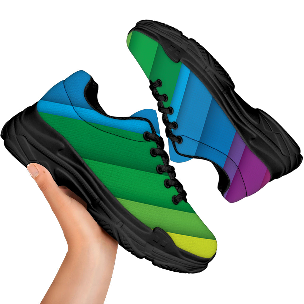 Rainbow Diagonal Lines Pattern Print Black Chunky Shoes