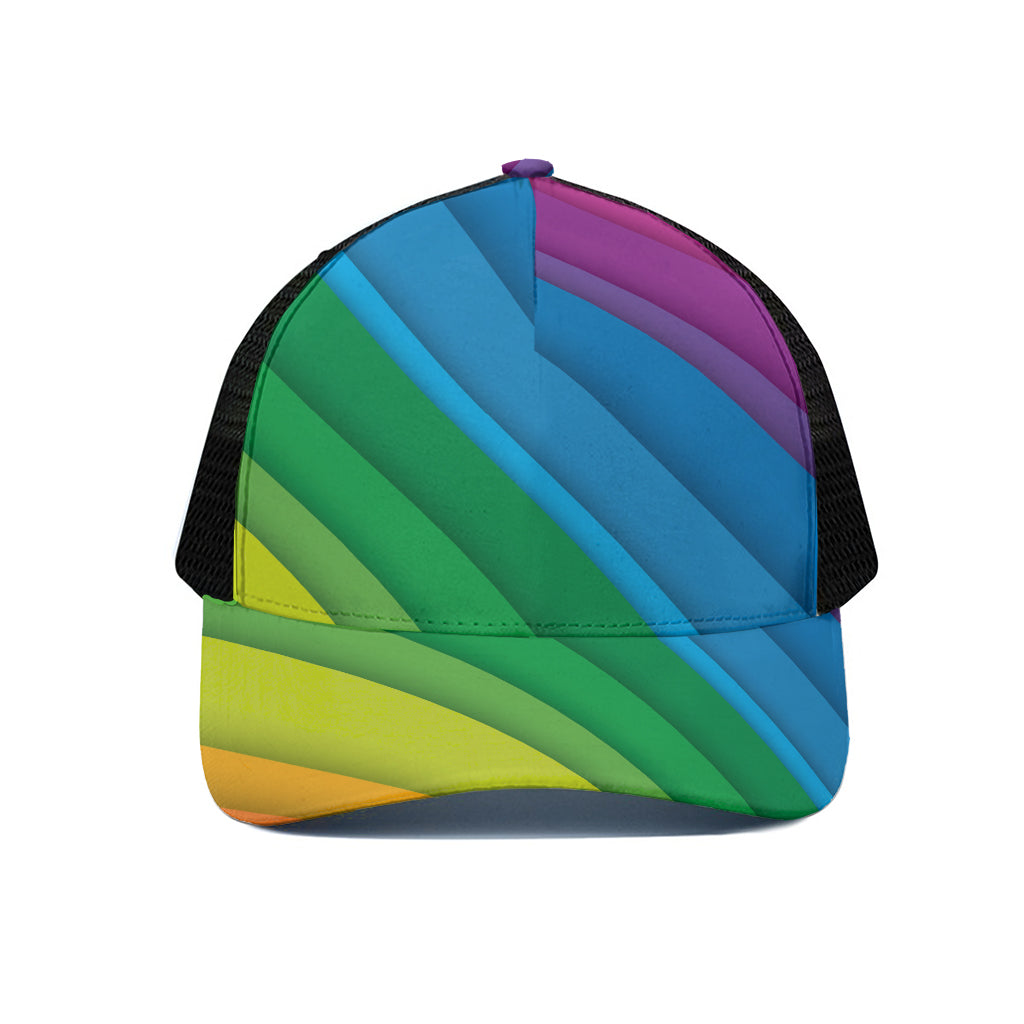 Rainbow Diagonal Lines Pattern Print Black Mesh Trucker Cap