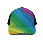 Rainbow Diagonal Lines Pattern Print Black Mesh Trucker Cap