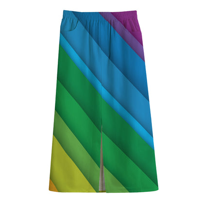 Rainbow Diagonal Lines Pattern Print Cotton Front Slit Maxi Skirt