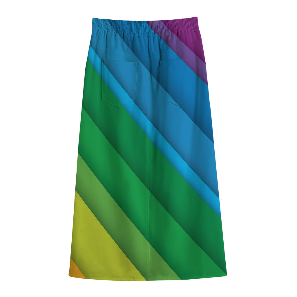 Rainbow Diagonal Lines Pattern Print Cotton Front Slit Maxi Skirt