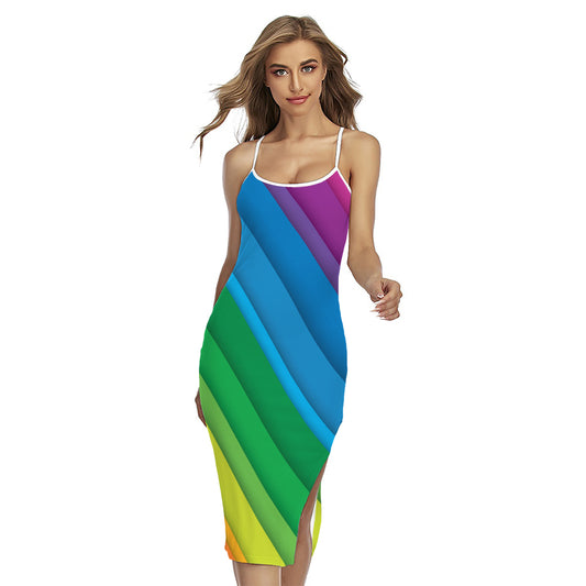 Rainbow Diagonal Lines Pattern Print Cross Back Cami Dress