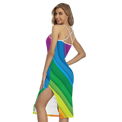 Rainbow Diagonal Lines Pattern Print Cross Back Cami Dress
