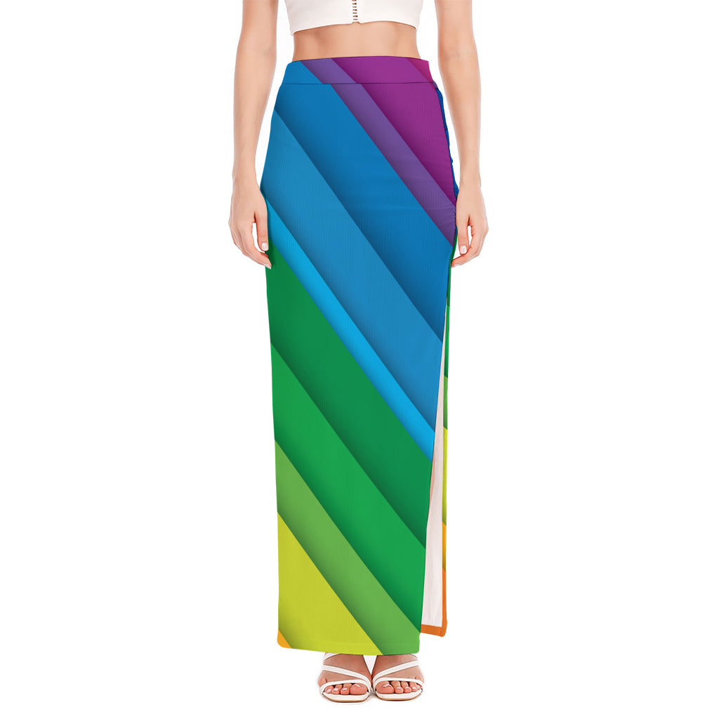 Rainbow Diagonal Lines Pattern Print High Slit Maxi Skirt