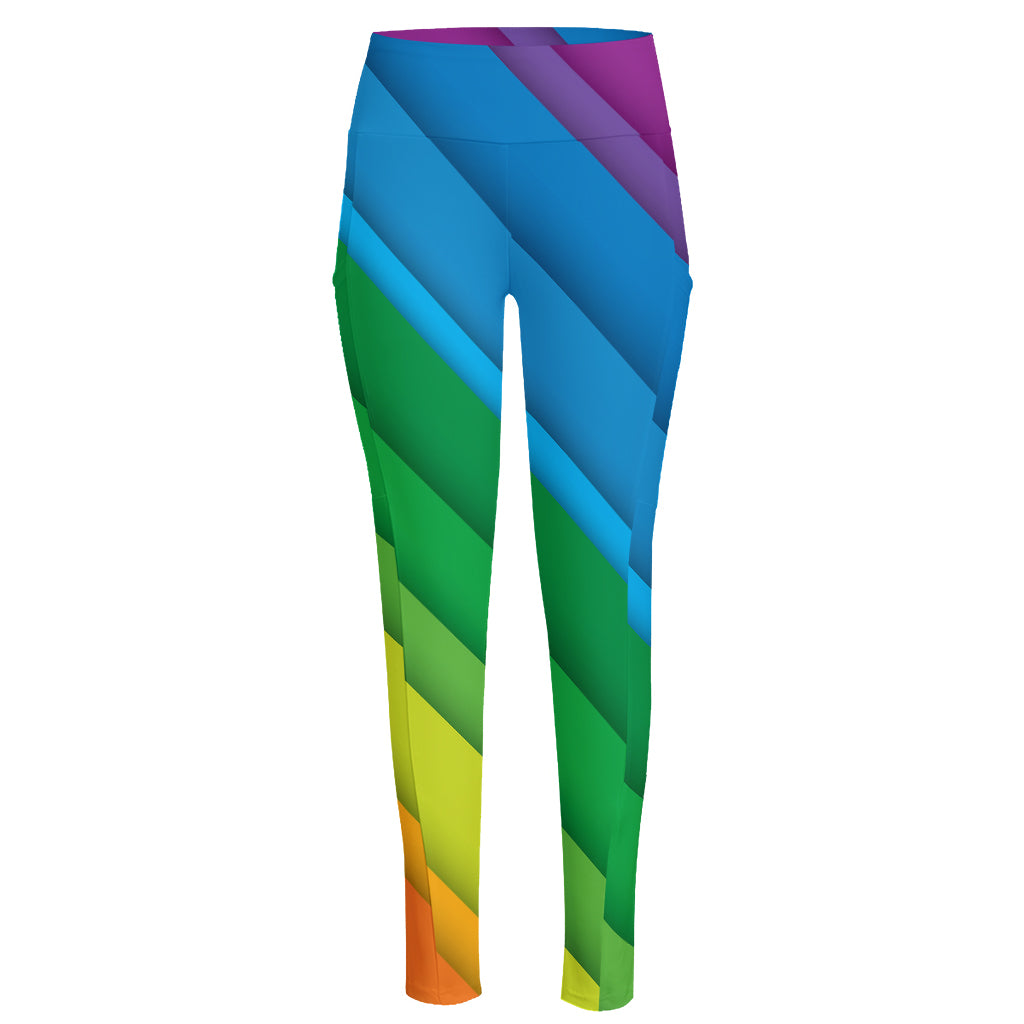 Rainbow Diagonal Lines Pattern Print High-Waisted Pocket Leggings