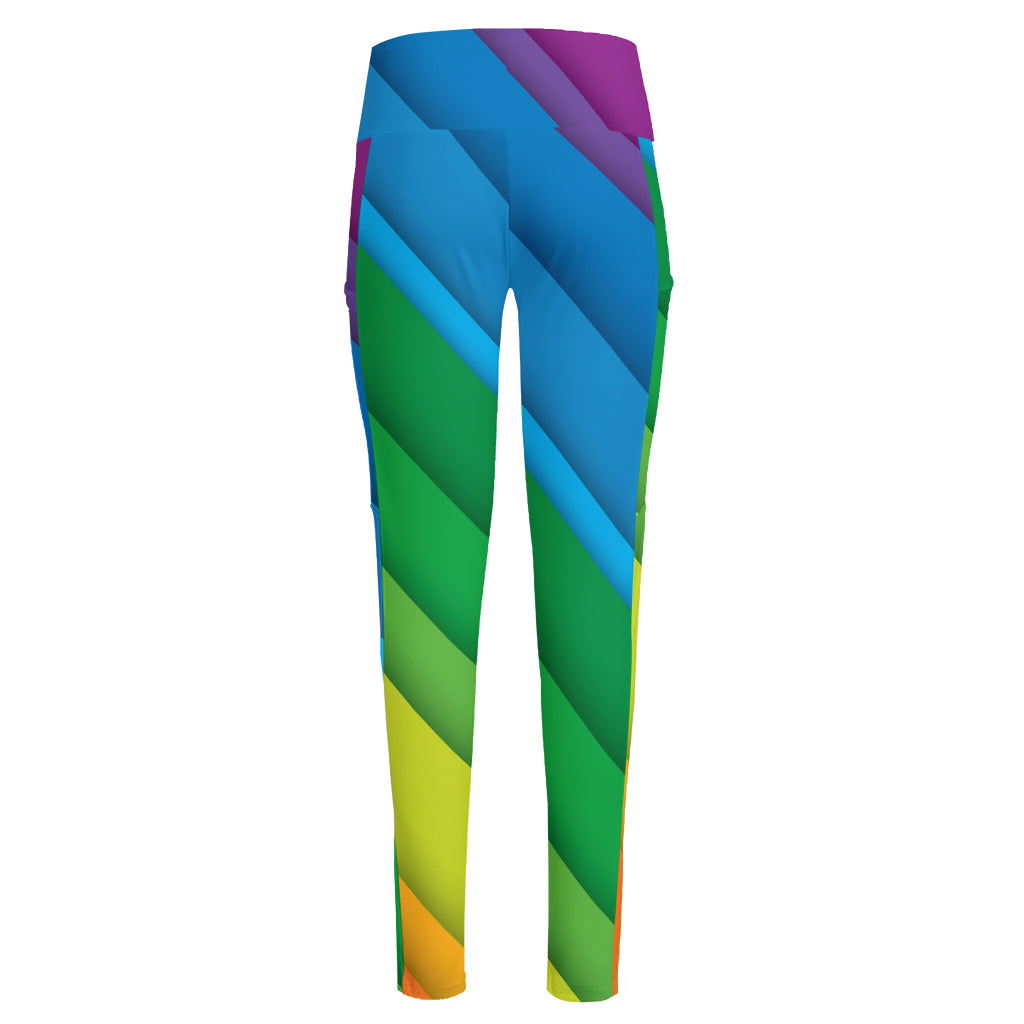 Rainbow Diagonal Lines Pattern Print High-Waisted Pocket Leggings