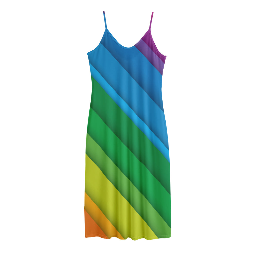 Rainbow Diagonal Lines Pattern Print Jersey Midi Cami Dress