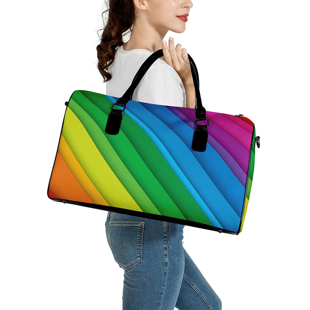 Rainbow Diagonal Lines Pattern Print Leather Duffle Bag