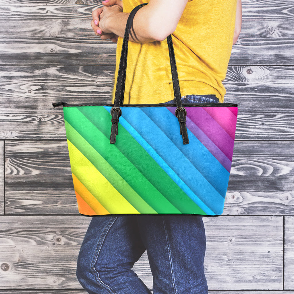 Rainbow Diagonal Lines Pattern Print Leather Tote Bag