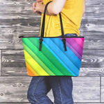 Rainbow Diagonal Lines Pattern Print Leather Tote Bag