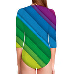 Rainbow Diagonal Lines Pattern Print Long Sleeve Swimsuit
