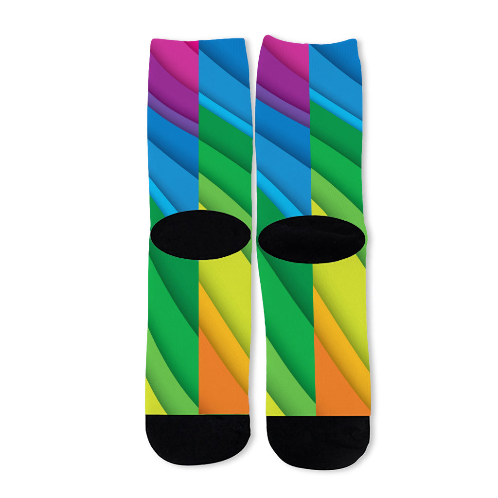 Rainbow Diagonal Lines Pattern Print Long Socks