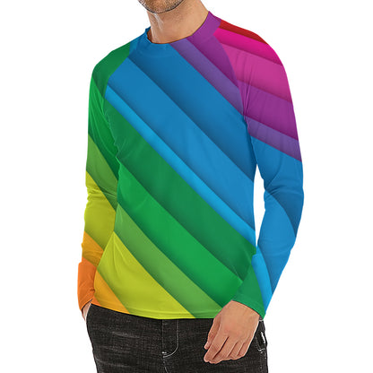 Rainbow Diagonal Lines Pattern Print Men's Long Sleeve Rash Guard