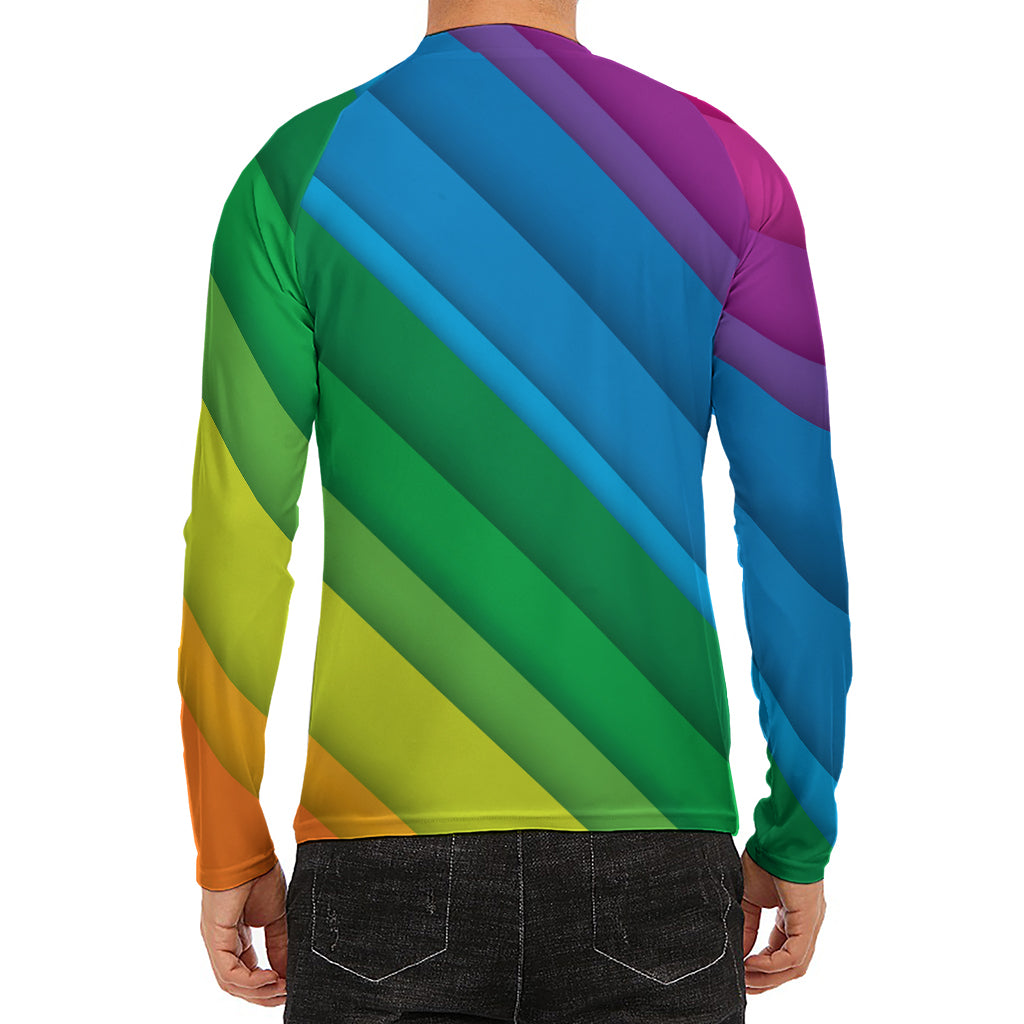 Rainbow Diagonal Lines Pattern Print Men's Long Sleeve Rash Guard