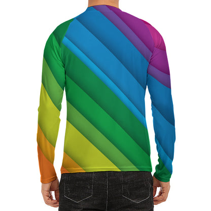 Rainbow Diagonal Lines Pattern Print Men's Long Sleeve Rash Guard