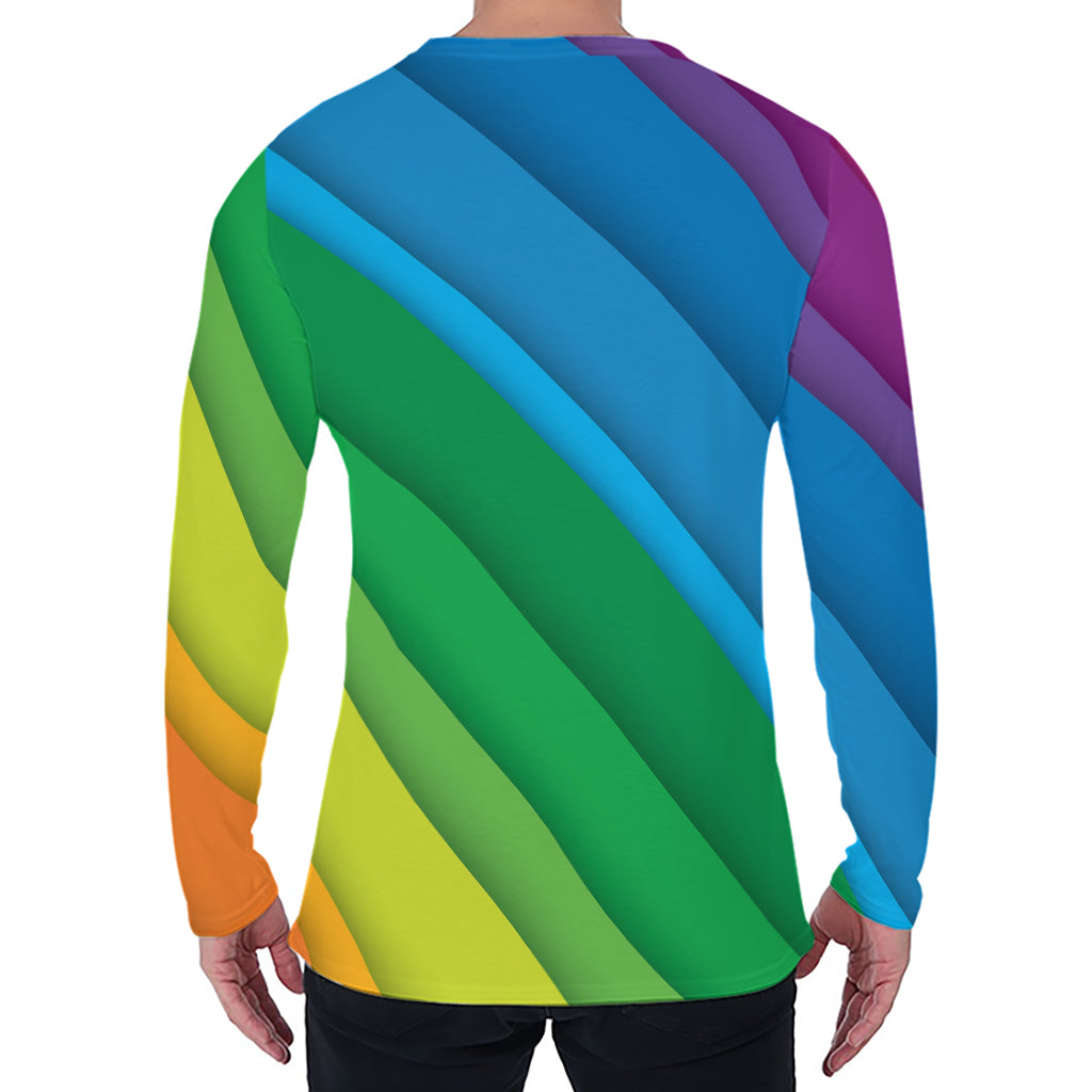 Rainbow Diagonal Lines Pattern Print Men's Long Sleeve T-Shirt