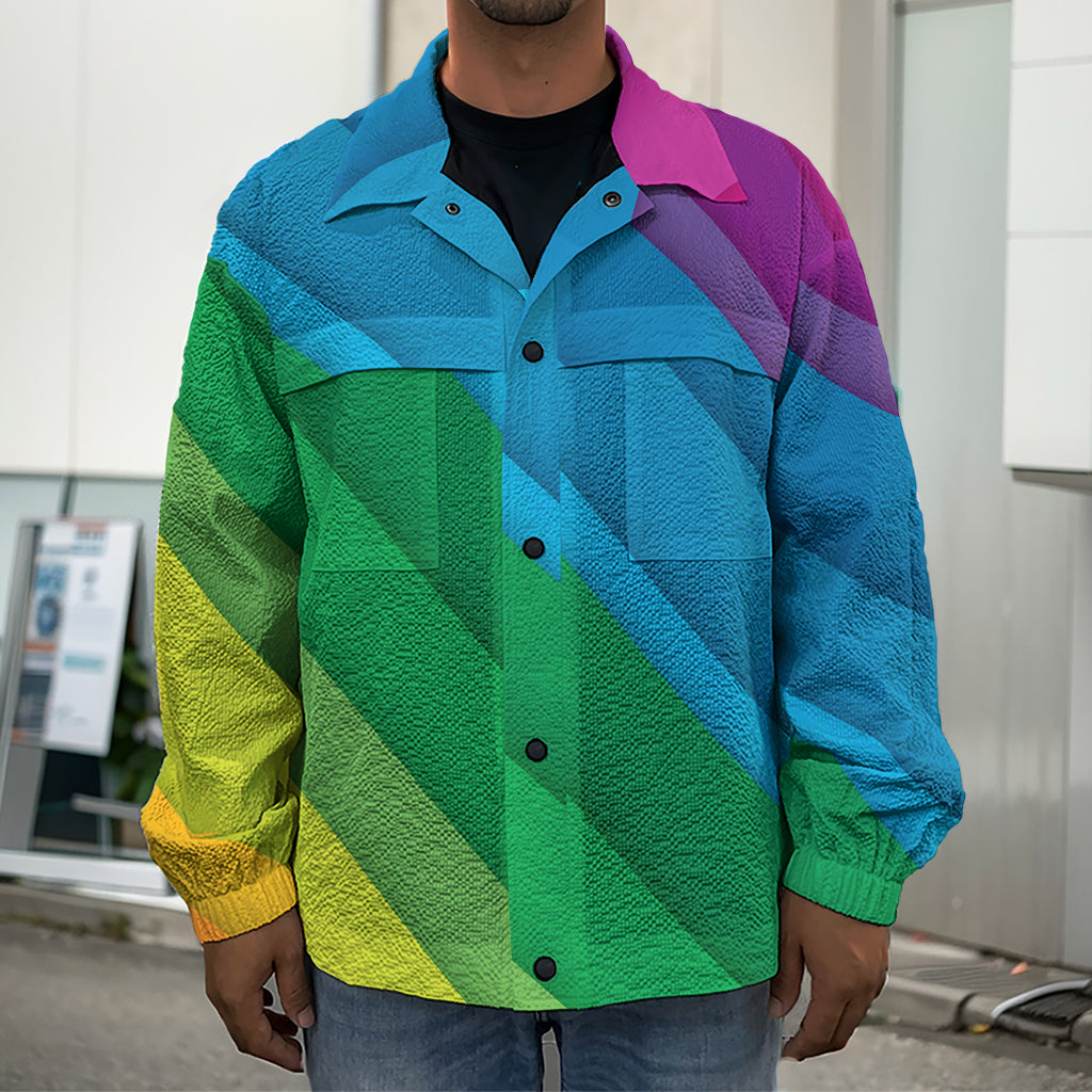 Rainbow Diagonal Lines Pattern Print Men's Shirt Jacket