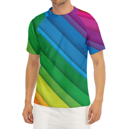 Rainbow Diagonal Lines Pattern Print Men's Short Sleeve Rash Guard