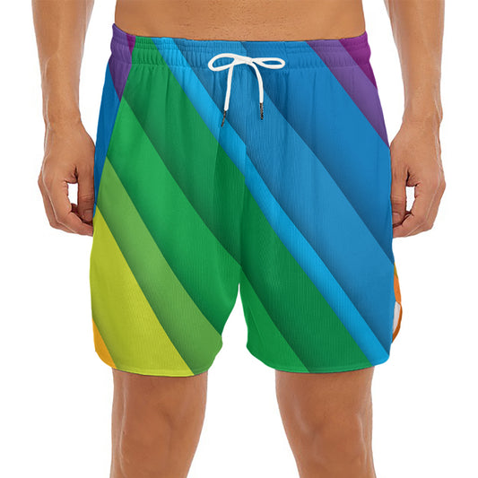 Rainbow Diagonal Lines Pattern Print Men's Split Running Shorts