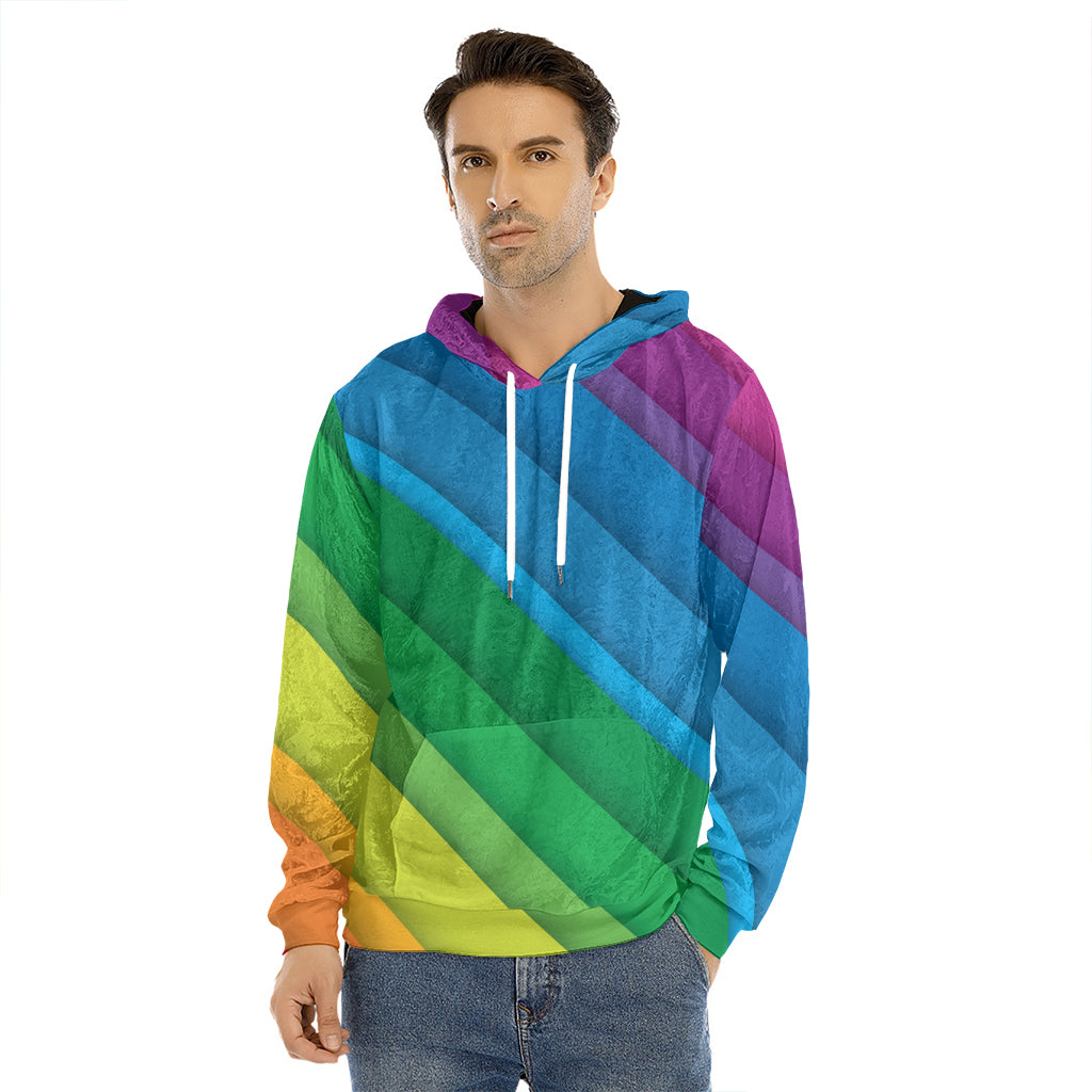 Rainbow Diagonal Lines Pattern Print Men's Velvet Pullover Hoodie