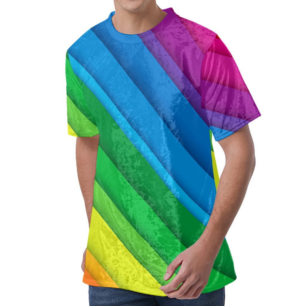 Rainbow Diagonal Lines Pattern Print Men's Velvet T-Shirt