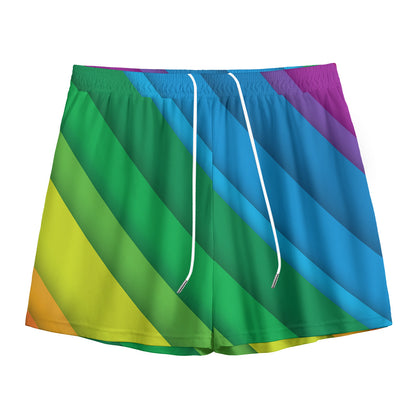 Rainbow Diagonal Lines Pattern Print Mesh Shorts