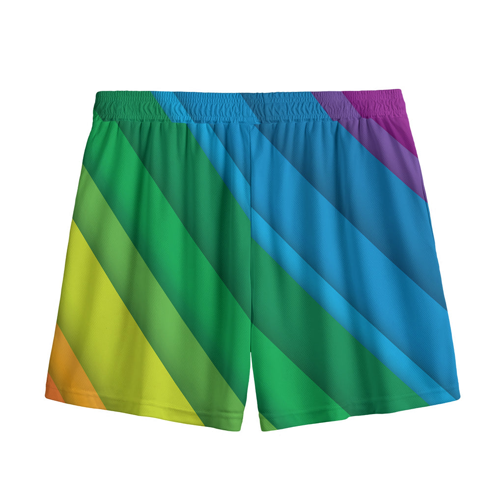 Rainbow Diagonal Lines Pattern Print Mesh Shorts