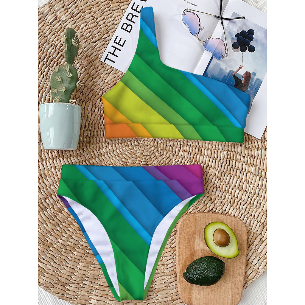 Rainbow Diagonal Lines Pattern Print One Shoulder Bikini Top