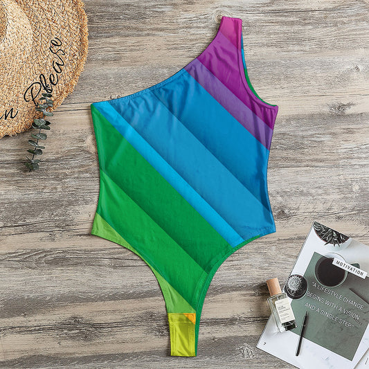 Rainbow Diagonal Lines Pattern Print One Shoulder Bodysuit