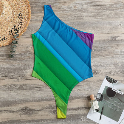 Rainbow Diagonal Lines Pattern Print One Shoulder Bodysuit