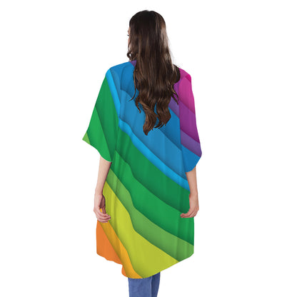 Rainbow Diagonal Lines Pattern Print Open Front Beach Cover Up