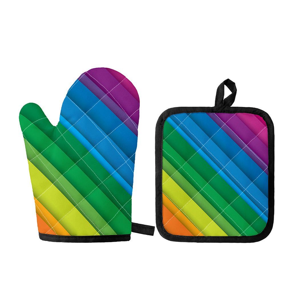 Rainbow Diagonal Lines Pattern Print Oven Mitt And Pot Holder Set